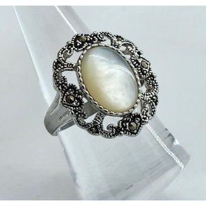 Large Oval Shaped Faux Moon Stone Silver Toned Ring Filigree Detailing Size 8.75